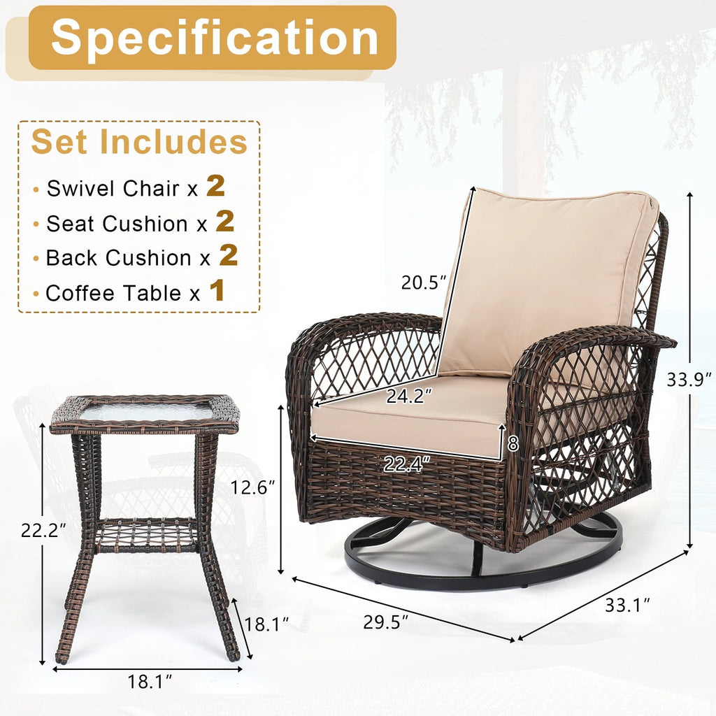 3 Pieces Patio Furniture Set, Outdoor Swivel Gliders Rocker, Wicker Patio Bistro Brown Gradient Ratt - Fiesta Vellore3 Pieces Patio Furniture Set, Outdoor Swivel Gliders Rocker, Wicker Patio Bistro Brown Gradient RattFiesta VelloreFiesta Vellore175214129;20251225;1766621712g352BUnited StatesS08c16540d56f4639bc5047edbea44d58s