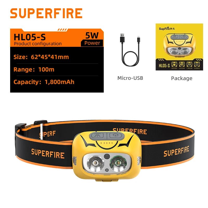 SUPERFIRE HL05 - S Powerful LED Headlamp Yellow/White Light Camping Lantern Motion Sensor Rechargeable Stepless Dimming Head Lamp - Fiesta VelloreSUPERFIRE HL05 - S Powerful LED Headlamp Yellow/White Light Camping Lantern Motion Sensor Rechargeable Stepless Dimming Head LampFiesta VelloreFiesta Vellore175214184;20251225;1766621715A4kljChina MainlandHL05 - SSd6b0563427204a71ac0237673972a661X